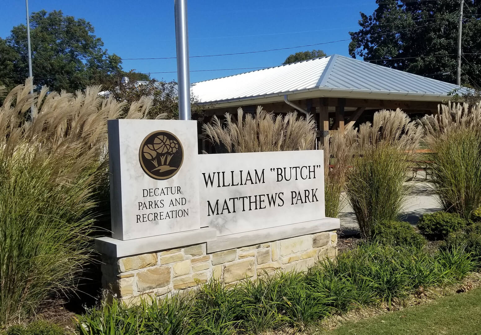 A unique shaped mausoleum with the name William Matthews park