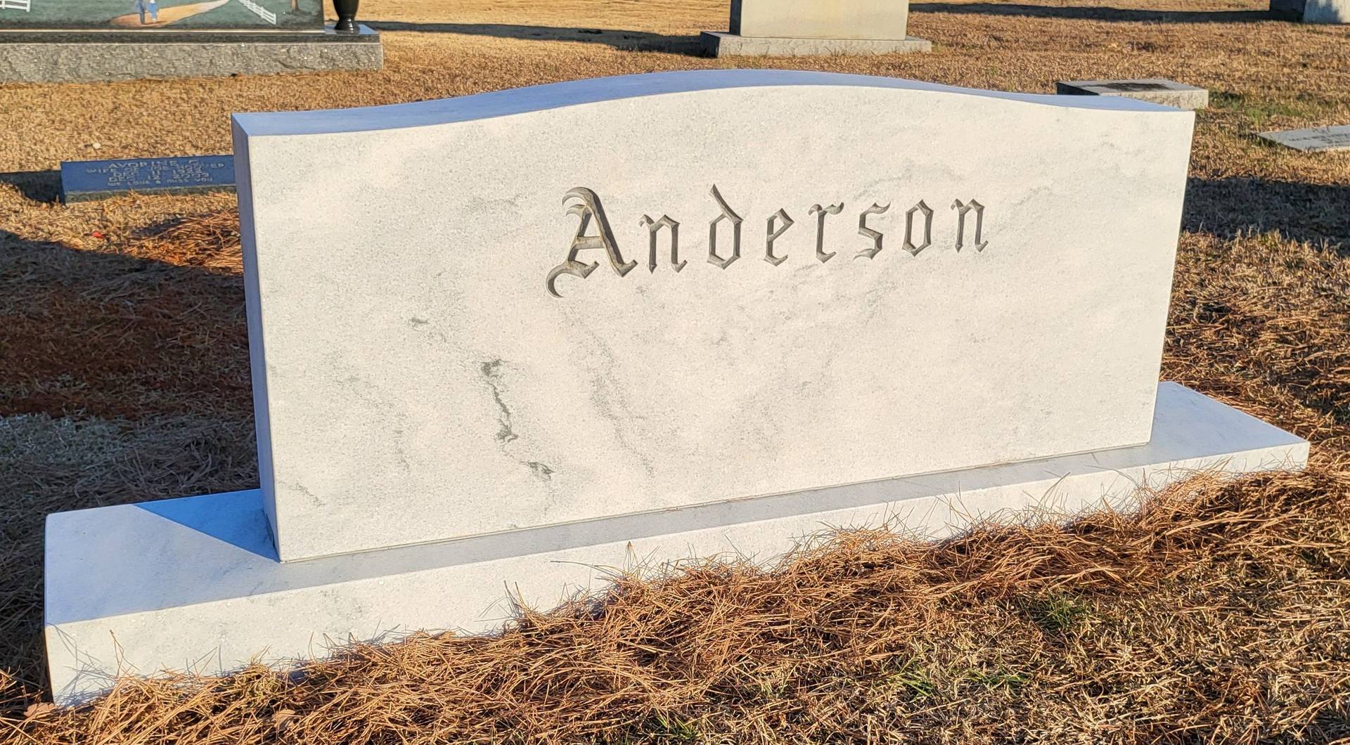 A memorial slab with the name and illustration by the text Anderson