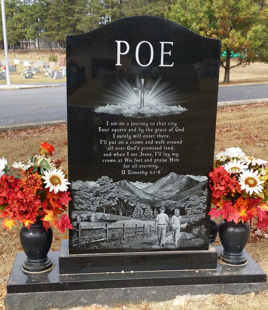A memorial slab for Poe with a long quote from the bible