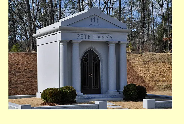 A beautiful crafted mausoleum with the name Pete Hanna
