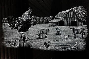 A black and white artwork about a farm with farm animals