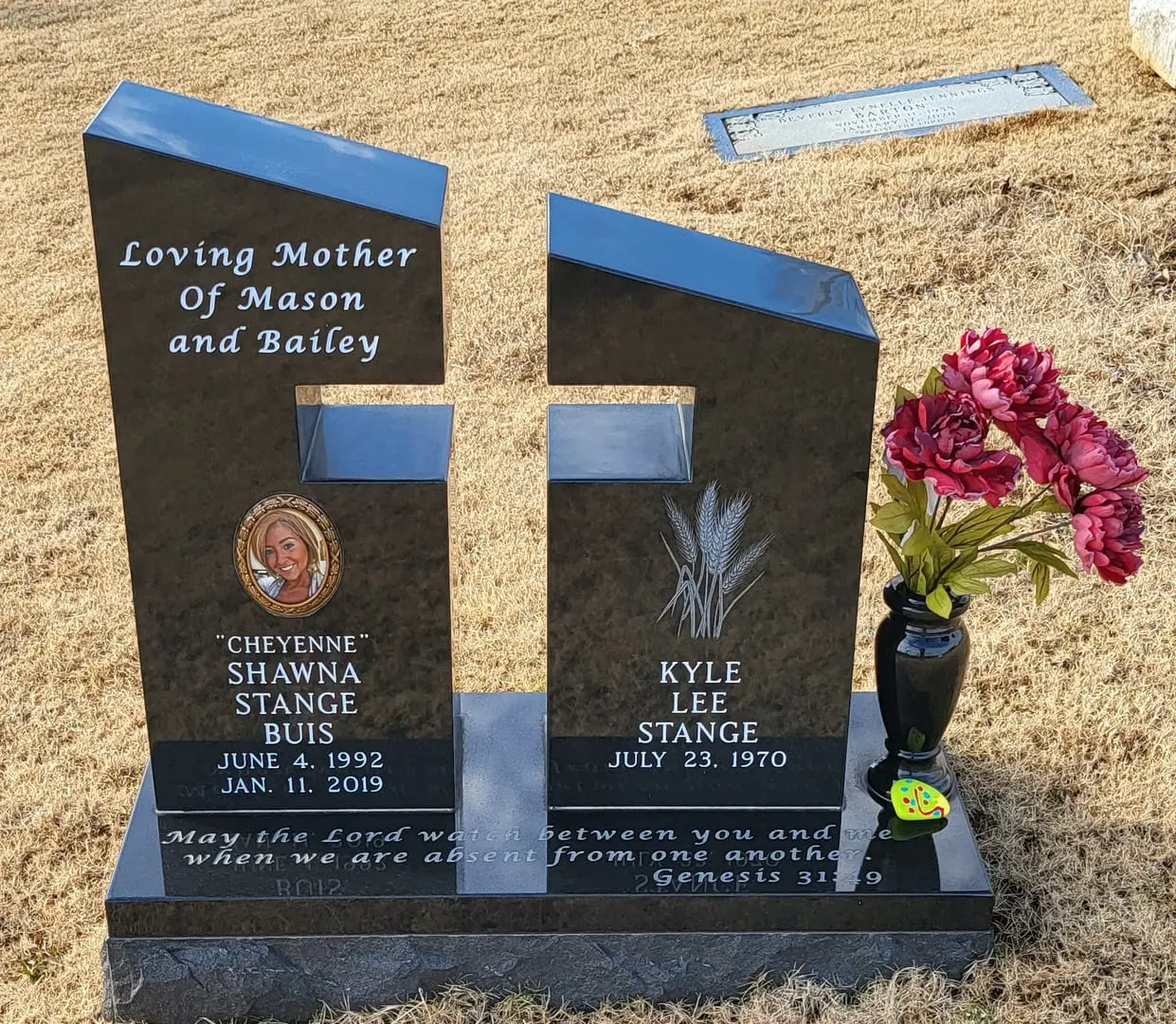 A memorial slab for Shawna Stange Buis and Kyle Lee Stange