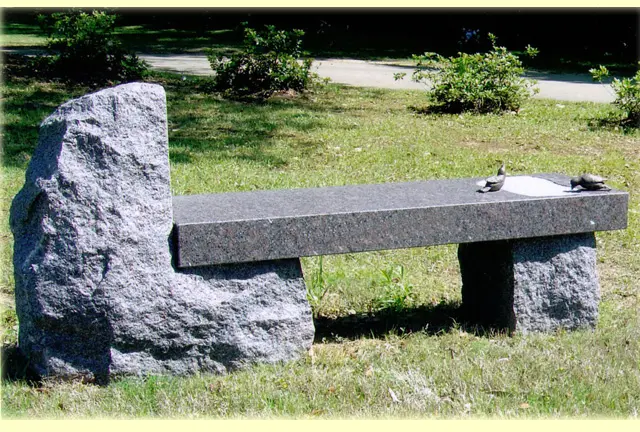 A beautiful picture of a bench at a graveyard with birds on it