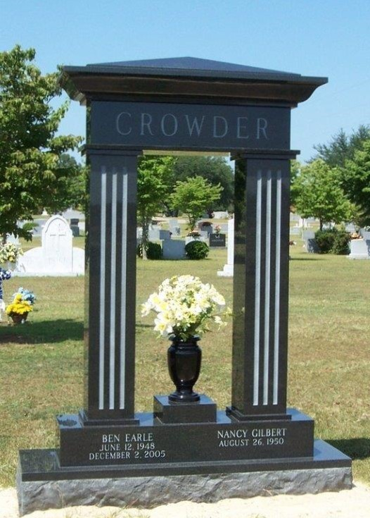 A unique shaped mausoleum with the name Crowder